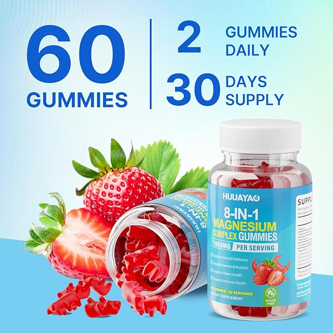 Magnesium Complex Gummies for Women Men 8 in 1 Magnesium Glycinate Citrate Malate Taurate for Bones Muscle Nerve Health Sugar-Free Vegan Non-GMO Strawberry Flavor 120 Count