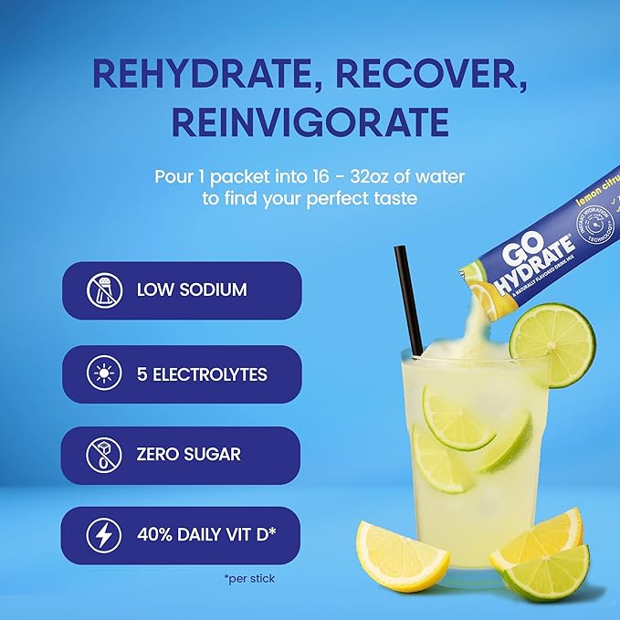 GoHydrate Low Sodium Electrolytes Powder Packets Sugar Free - Instant Hydration Daily Drink Mix - Zero Sugar Water Flavor Packet Singles with Vitamin D - (Lemonade 30 Packs)