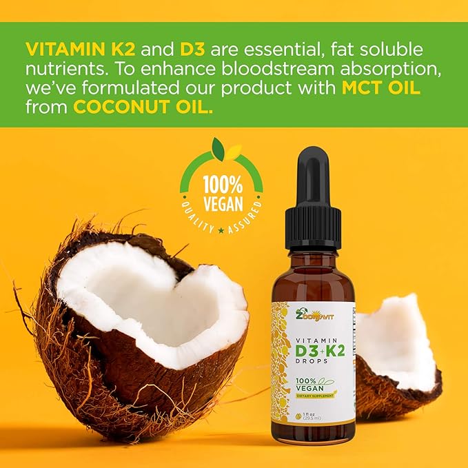 Vegan Liquid Drops Vitamin D3 K2 (MK7) - 100% Plant Based Liquid Vitamin D Enhanced with Coconut Oil for Max Absorption - 1 Serving = 1000 IU VIT D3 and 200 mcg VIT K2