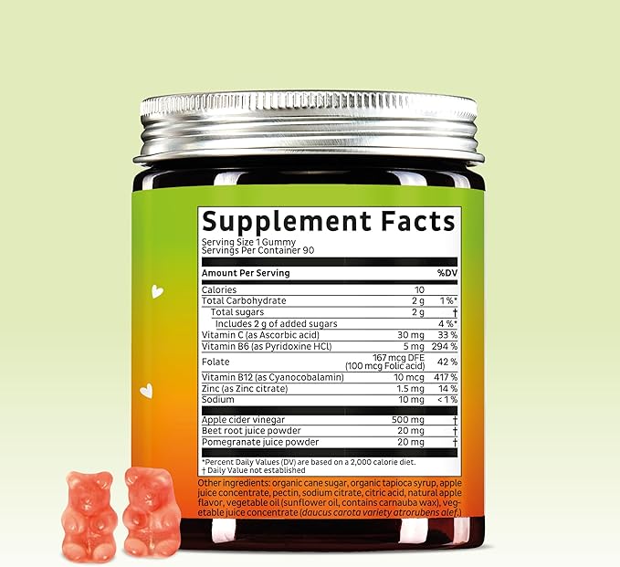Bears with Benefits Apple Cider Vinegar Gummies – Metabolism &amp Detox Support with Vitamins B6 B12 Iodine &amp Folic Acid – Vegan. Balanced Gut (60 Gummies)