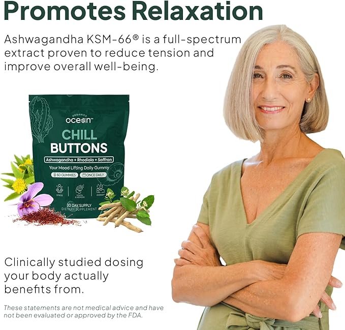 Organics Ocean Chill Buttons – Natural Ashwagandha Gummy Supplement with Organic KSM-66 Saffron &amp Rhodiola Rosea – Supports Relaxation Mood Focus &amp Energy - 3-Pack 180 Count
