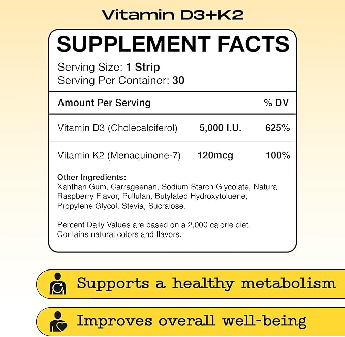 Vitamin D3 K2 Supplement 5000 IU - Fast-Absorbing Oral Strips for Bone &amp Heart Health - Vitamin D K2 Plant-Based Formula - D3K2 - High-Potency Vitamina D3 con K2- Non GMO - Sugar-Free (30 Count)
