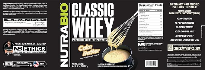 NutraBio Classic Whey Protein Powder- 25G Protein Per Scoop - Full-Spectrum Amino Acid Profile - No Fillers Artificial Colors Preservatives - Low Glycemic Index - (Cake Batter 2 Pounds)