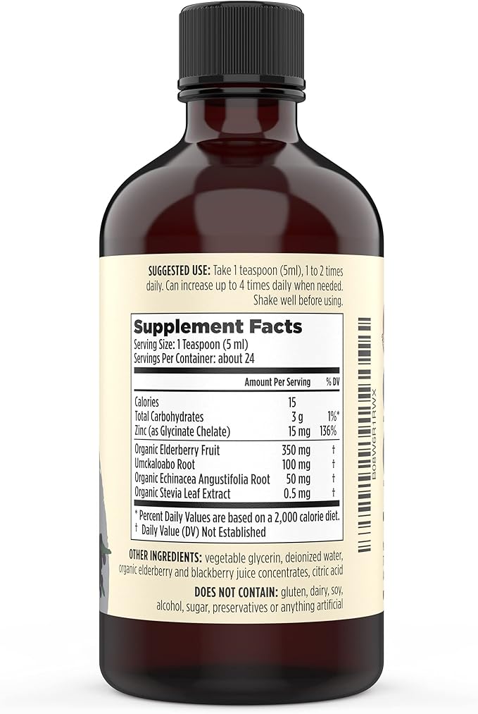 Liquid Zinc (Glycinate Chelate) with Organic Elderberry &amp Echinacea (High in Quercetin) | 4-in-1 Immune Suport Supplement for Adults &amp Kids Great Tasting | Alcohol &amp Gluten Free Non GMO