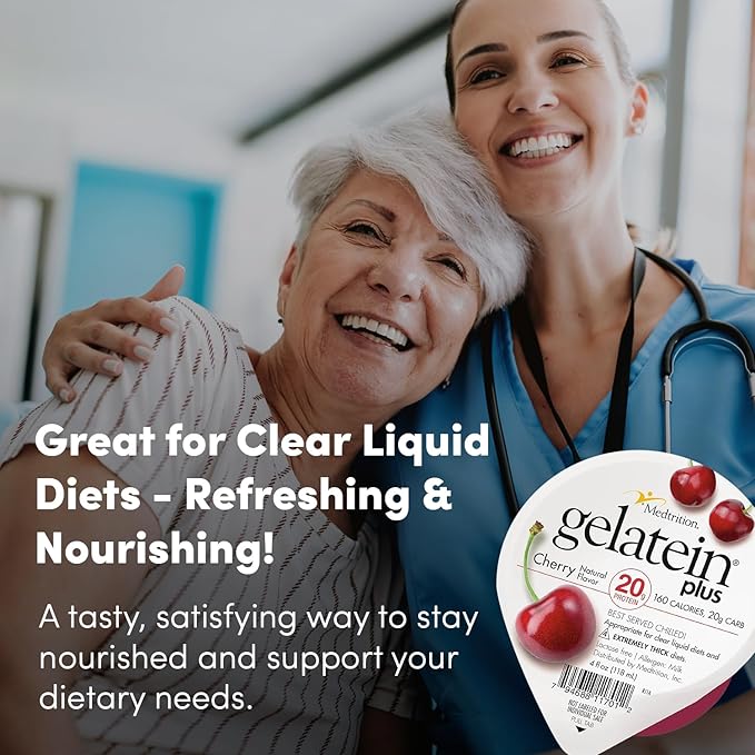 Gelatein Plus Cherry: 20 grams of protein. Ideal for clear liquid diets swallowing difficulties dialysis and oncology. Great pre or post-workout snack. (12 pack)