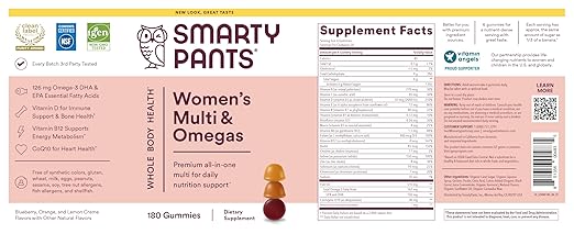 SmartyPants Women's Multivitamin Gummies: Omega 3 Fish Oil (EPA/DHA) Methylfolate CoQ10 Vitamin D3 C Vitamin B12 B6 A K &amp Zinc Inositol Gluten Free (30 Day Supply) 180 Count (Pack of 2