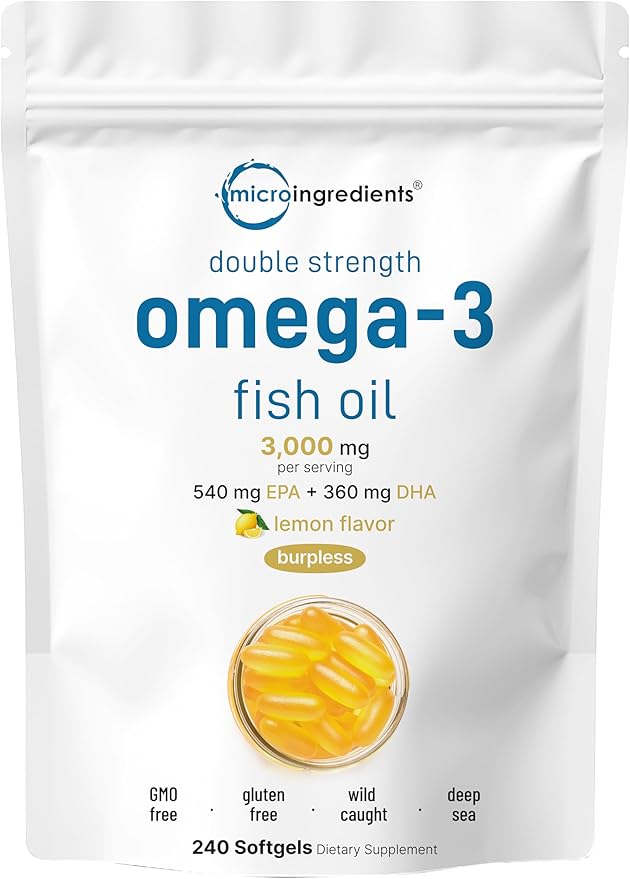 Micro Ingredients Omega 3 Fish Oil Supplements 3000mg Per Serving 240 Softgels | Lemon Flavored – Burpless | EPA 540mg + DHA 360mg | Deep Sea Fish