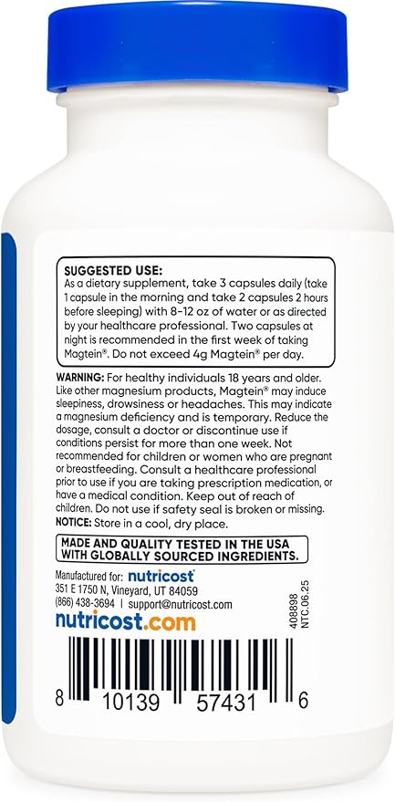 Nutricost Magtein Magnesium L-Threonate 2000mg 90 Capsules - Gluten Free Vegetarian 30 Servings