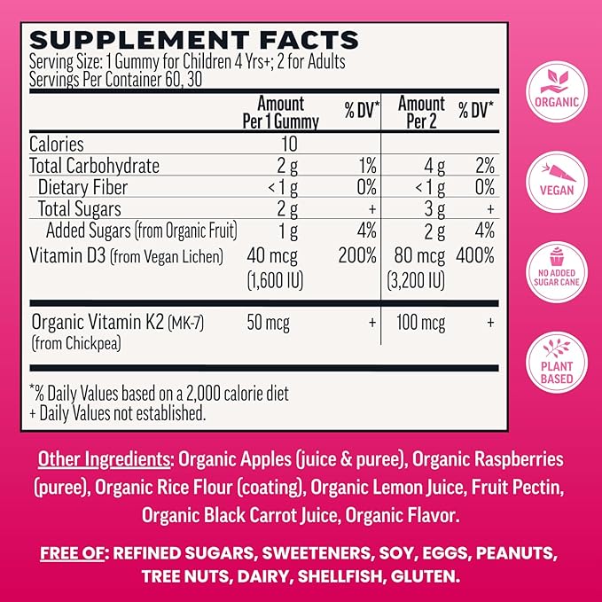 Llama Naturals Vitamin D3 Vegan Organic Immune Support Supplement Vitamin D Gummies for Adults and Kids Real Fruit Gummy Vitamins Promotes Bone Health No Added Sugar Cane Raspberry 60 Ct