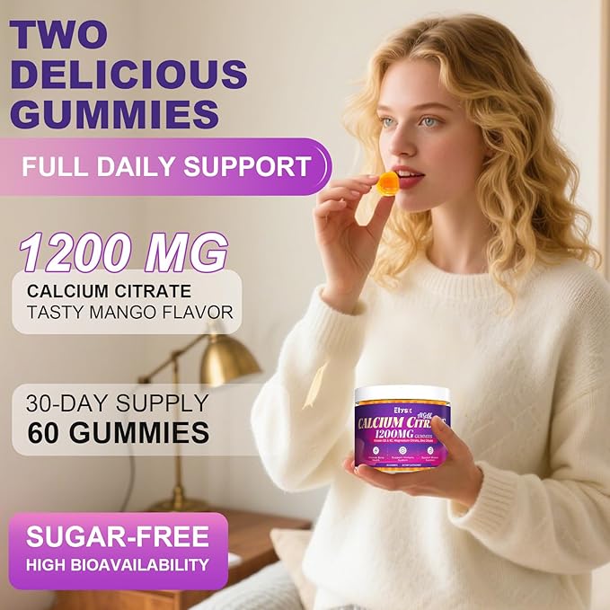 Calcium Citrate 1200mg with Vitamin D3 Gummies Chewable Algae Calcium Supplements for Women &amp Men Bone Muscle &amp Immune Support with Vitamin K2 Magnesium &amp Zinc Citrate Mango Flavor