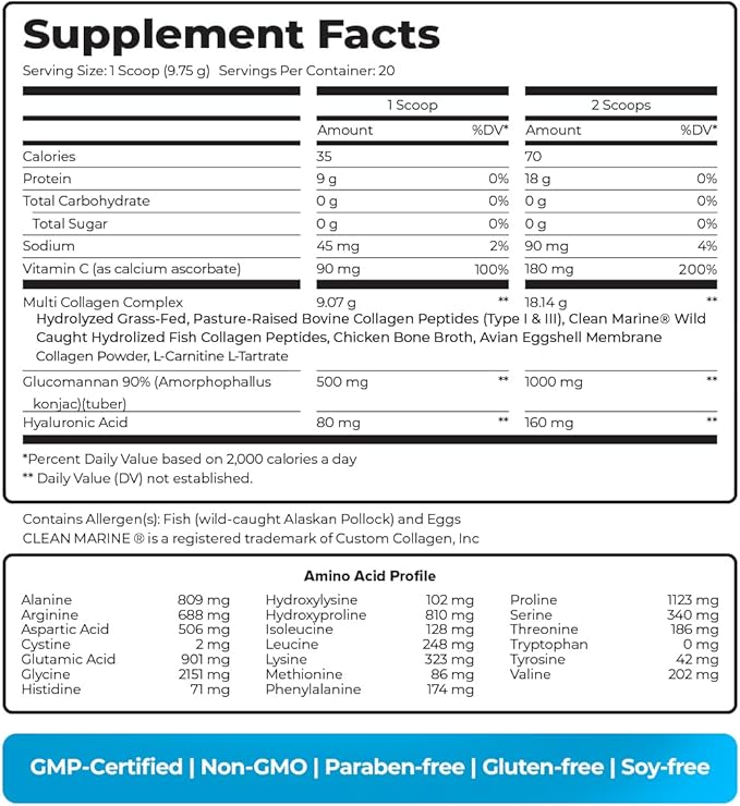 Multi Collagen Powder with Types I II III V X - Weight Management Supplement with Vitamin C &amp Hyaluronic Acid – Supports Skin Hair Nails Metabolism Joint &amp Muscle Health – 20 Servings