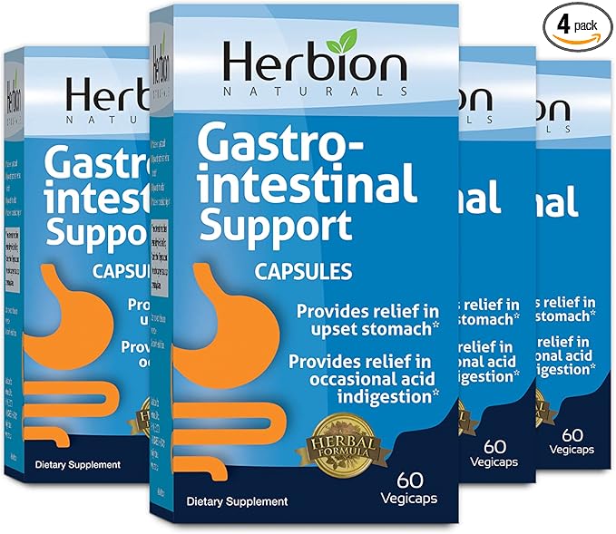 HERBION Naturals Gastro-intestinal Support Herbal Blend for Upset Stomach Relief Gastrointestinal Health and Function Occasional Acid Indigestion Healthy Intestinal Flora 60 Vegicaps - Pack of 4