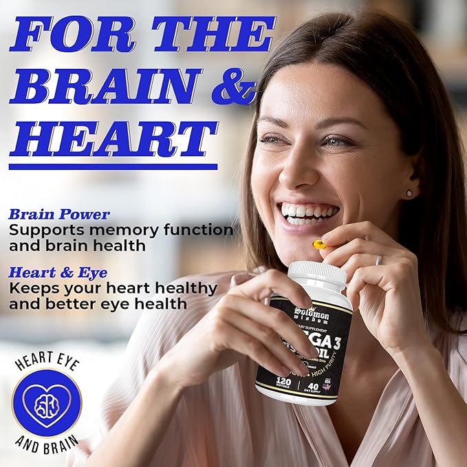 SOLOMON WISDOM Omega 3 Fish Oil - Dietary Supplement for Healthy Heart &amp Brain - 120 Soft Gel Capsules with High EPA 1200mg &amp DHA 900mg - Burpless Odorless with Natural Lemon Flavor