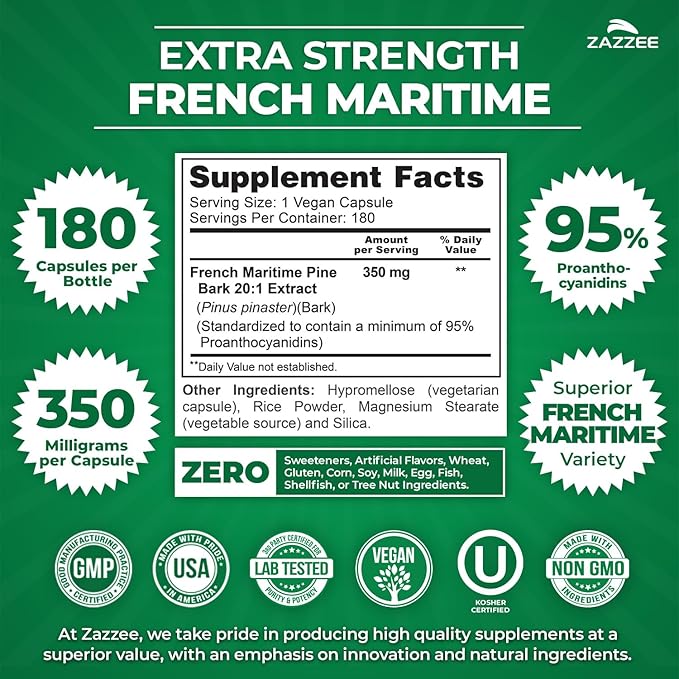 Zazzee Extra Strength French Maritime Pine Bark Extract 20:1 350 mg Per Capsule 95% Proanthocyanidins 180 Vegan Capsules 6 Month Supply Certified Kosher Antioxidant Support Non-GMO Made in USA