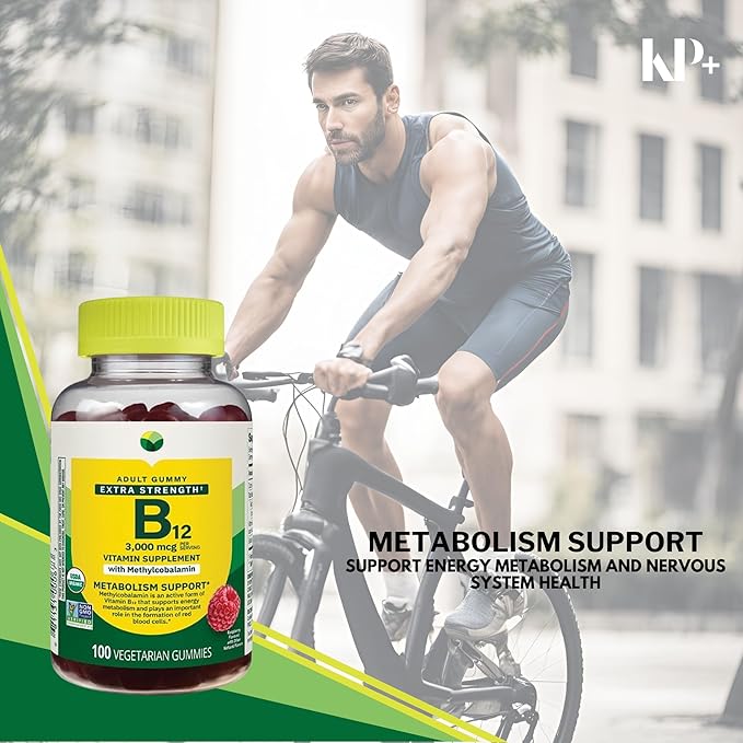 KP+ Spring Valley Vitamin B12 | B12 3000 mcg Extra Strength | Vitamin Supplement with Methylcobalamin | Metabolism Support | Raspberry Flavor | 100 Vegetarian Gummies | Pack of 1