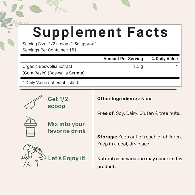 Organic Boswellia Serrata Extract Powder 8 Ounce Pure Boswellia Supplement with 65% Boswellic Acid Supports Joints Knees and Bones Health Non-GMO Pet Friendly India Origin