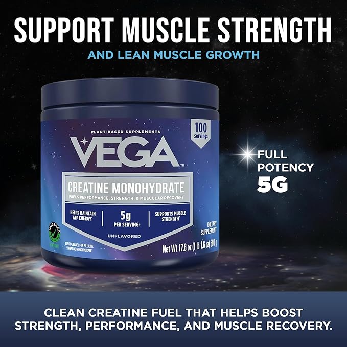 Vega Micronized Creatine Monohydrate Powder Unflavored – 5g Pure Vegan Creatine for Men &amp Women Strength Performance &amp Muscle Growth 100 Servings (17.6 oz)
