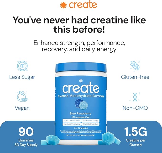 Create Creatine Monohydrate Gummies for Men &amp Women Boost Focus Strength and Endurance Anti-Melting Formula Vegan Gluten-Free Non-GMO 1.5g of Creatine per Gummy (Blue Raspberry)