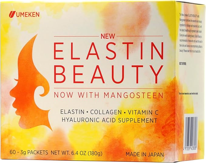 Umeken Elastin Beauty Powder Supplement with Collagen Peptides Hyaluronic Acid Vitamin C and Mangosteen Fruit Women’s Health and Wellness 1 Month Supply 60 Packets