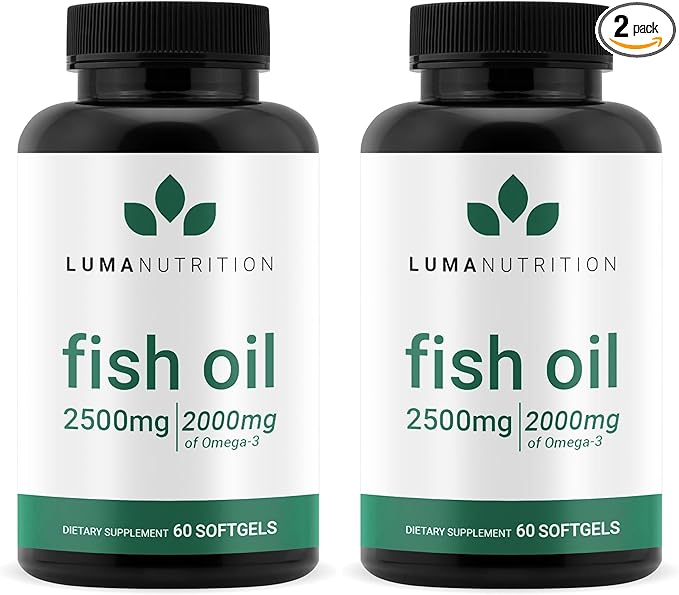 Luma Nutrition Omega 3 Fish Oil Supplement - Extra Strength 2500mg - 2000mg EPA &amp DHA - Brain and Heart Health - 60 Softgels (Pack of 2)