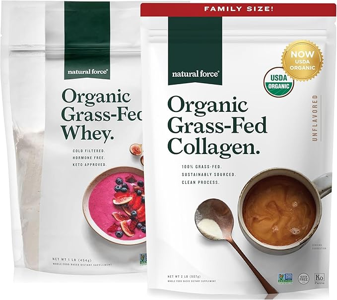 Natural Force Grass Fed Organic Whey Protein Powder Unflavored - 16 oz Organic Clean Collagen Peptides Powder Unflavored 32oz
