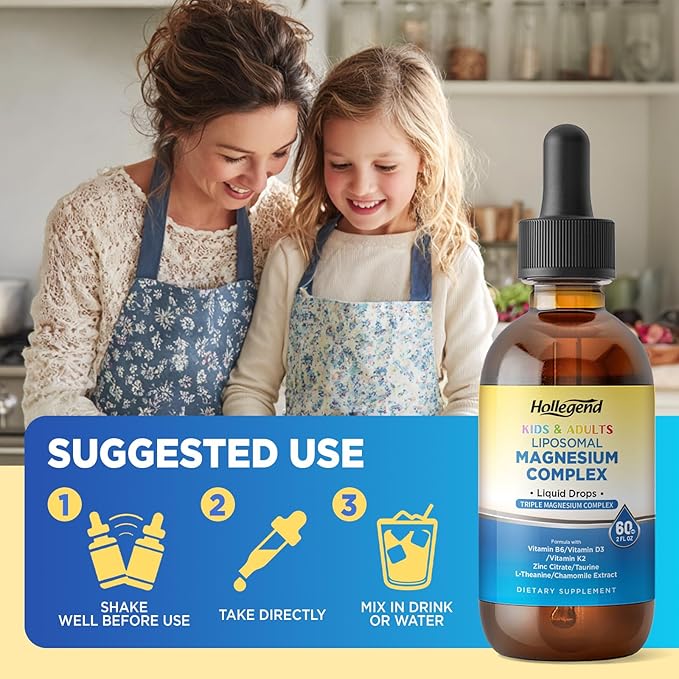 Liposomal Kids Magnesium Glycinate Drops Liquid Triple Magnesium Complex 400Mg for Adults with D3 &amp K2 B6 Zinc Taurine Theanine &amp Chamomile Muscle Relief Sleep Stress 120 Servings