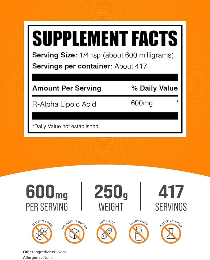 BulkSupplements.com R-Alpha Lipoic Acid Powder - R-ALA Supplement R Alpha Lipoic Acid 200mg - Antioxidants Supplement Gluten Free 200mg per Serving 250g (8.8 oz) (Pack of 1)