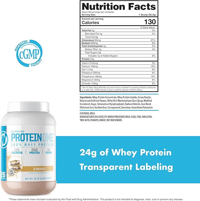 NutraOne ProteinOne Whey Protein Promote Recovery and Build Muscle with a Protein Shake Powder for Men &amp Women (S’Mores - 2 lbs.)