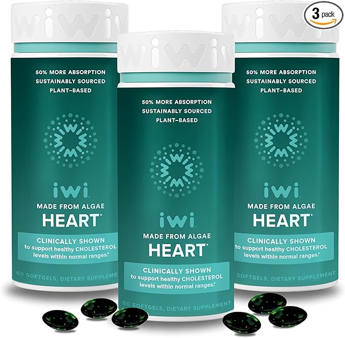 Iwi Life Heart Omega-3 180 Softgels (90 Servings) Vegan Plant-Based Algae Omega Fatty Acids + EPA Heart Health Support Dietary Supplement Krill &amp Fish Oil Alternative No Fishy Aftertaste