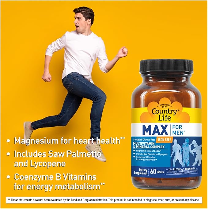 Country Life Max for Men Multivitamin &amp Mineral complex Iron-Free Vegetarian Tablets 60 Count Certified Gluten Free Certified Vegetarian