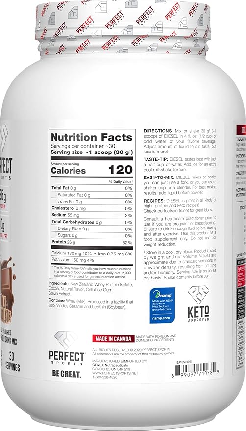 PERFECT SPORTS Diesel 100% New Zealand Whey Protein Isolate | Stevia Sweetened No Artificial Ingredients Keto | 0g Carb 0g Fat 26g Protein | 2 Pounds (Milk Chocolate)