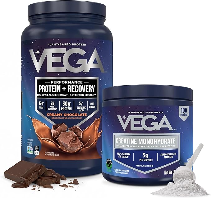 Vega Creatine Monohydrate Powder 17.6oz (100 Servings) Sport Protein &amp Recovery Chocolate Protein Powder 1.8lbs - Plant-Based Protein and Muscle Support