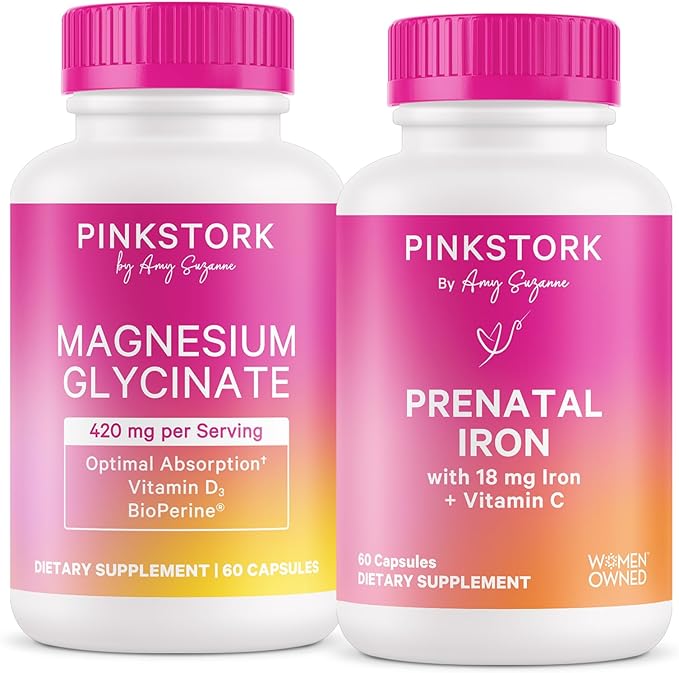 Pink Stork Magnesium + Iron Bundle - Magnesium Glycinate for Mood and Calm Iron + Vitamin C for Absorption Blood Cell Production Whole Body Wellness