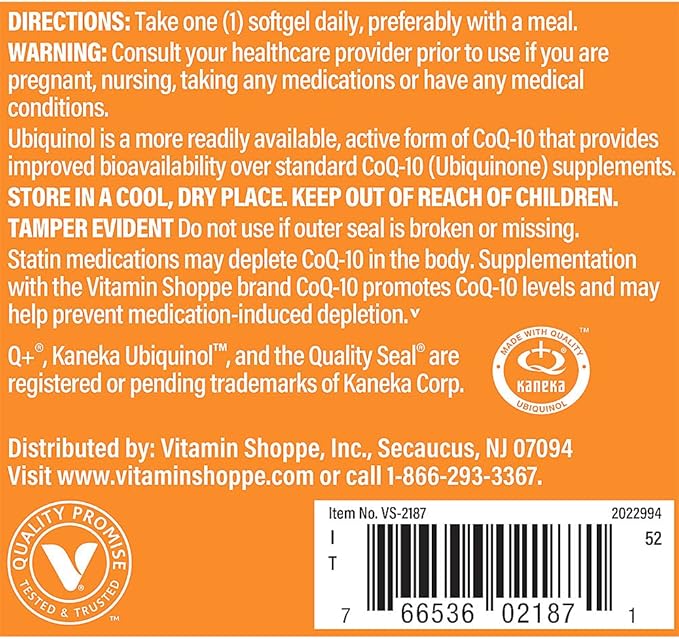 The Vitamin Shoppe Ubiquinol CoQ-10 100mg Beneficial for Those (120 Softgels)