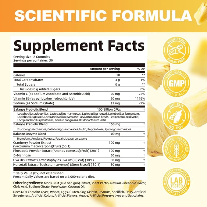 Premium Feminine Balance Gummies Women’s Health Probiotics - 100 Billion CFU Probiotics - Immune Support Gut Health Hormone Balance PH Balance Vitality Pineapple Flavor 60 Count