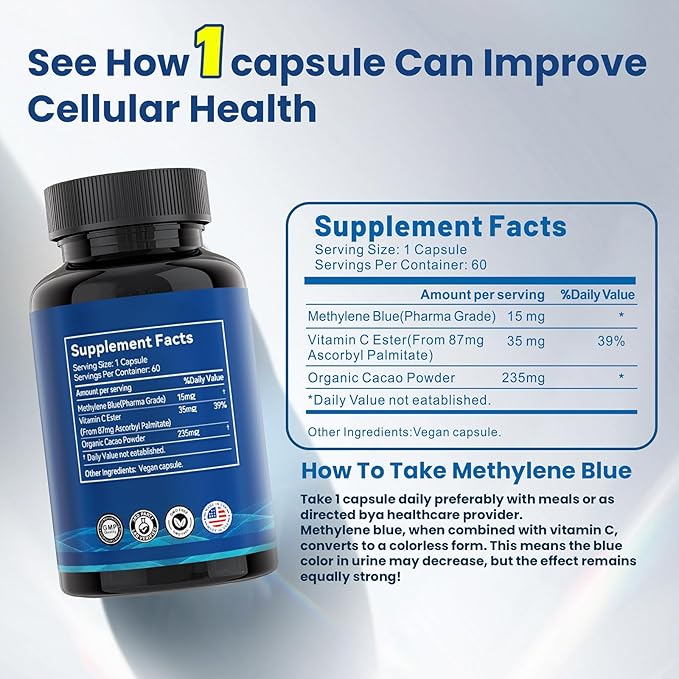 Methylene Blue Capsules 99.99% Purity USP Pharmaceutical Grade Methylene Blue for Humans Added Vitamin C Easter &amp Cocoa Powder 60 Capsules