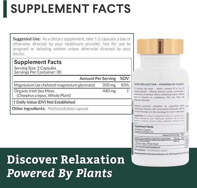 Nutritional Roots - Magnesium + Irish Sea Moss - 350mg Magnesium Glycinate &amp Organic Irish Sea Moss - Essential Minerals - Supports Heart &amp Bone Health - Dietary Supplement - 30 Servings - 60