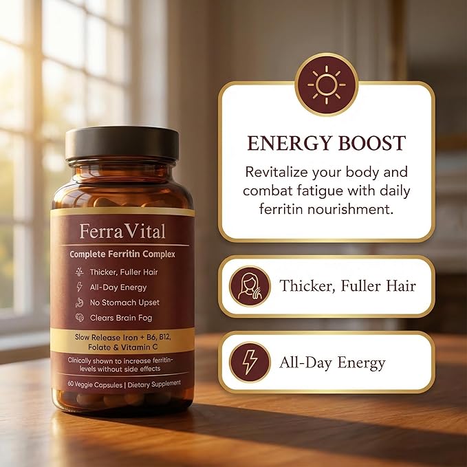 Ferravital Ferritin Support Ferritin Supplement for Women Daily Iron Supplement with Iron Bisglycinate Lactoferrin Vitamin C B12 Gluten Free &amp Non-GMO 60 Capsules (A)