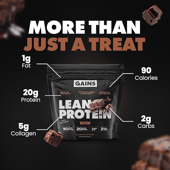 Gains in Bulk Lean Protein Powder with Collagen Peptides Gluten Free Grass Fed Whey 20 G Protein &amp 5 G Collagen Plant Enzymes to Support Digestion Natural Ingredients Brownie Flavor 27 Servi