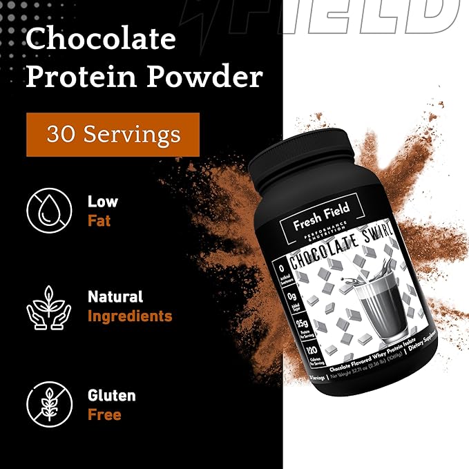 Fresh Field Chocolate Protein Powder - 25g Whey Protein Isolate Gluten-Free &amp Soy-Free Sugar-Free 30 Servings - Natural Whey Protein Powder for Workout Fitness &amp Nutrition Shakes - 2.36 lb