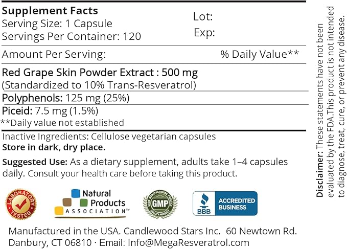 Mega Resveratrol Red Grape Skin Piceid Resveratrol Water-Soluble/High Absorption/Boosts Nitric Oxide. 500mg per Capsule. Purity Certified. NO Toxic “inactive” Ingredients. Keto Vegan Non-GMO.