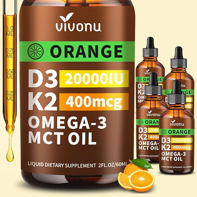 VivoNu 4 Bottles Vitamin D3 K2 Drops D3 20000 IU &amp K2 as MK-7 400mcg with Magnesium Calcium Zinc &amp Omega 3 for Immune* Mood* Bone* Health Orange Flavor Vitamin D Liquid Drops Supplements