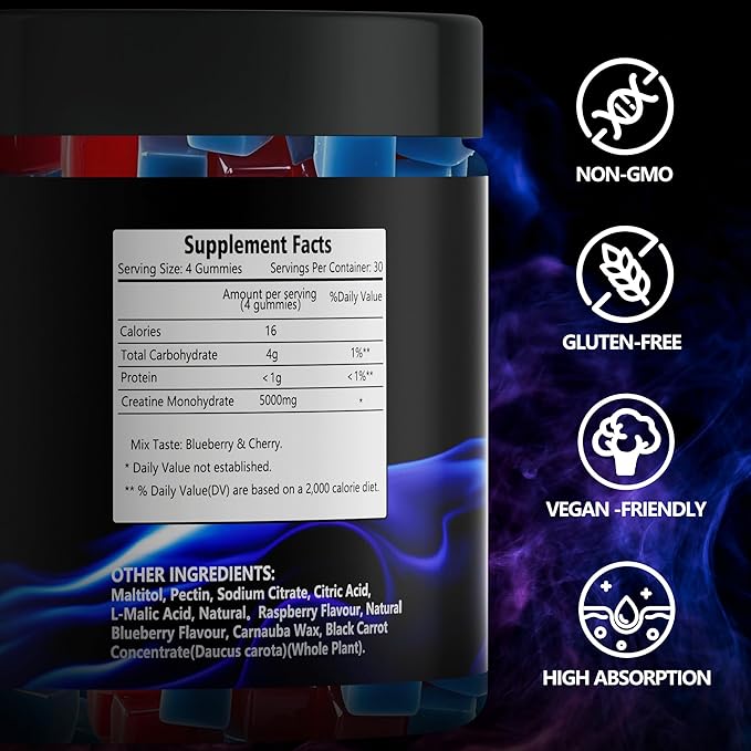 Creatine Monohydrate Gummies 5g (5000mg) Sugar-Free Creatine Pre-Workout Energy Veg Non-GMO for Men &amp Women - 120 Count Cherry Flavor with Blueberry Flavor