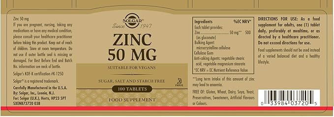 Solgar Vitamin C 1000 mg 100 Vegetable Capsules - Antioxidant &amp Immune Support - Overall Health Zinc 50 mg 100 Tablets - Zinc for Healthy Skin Taste &amp Vision