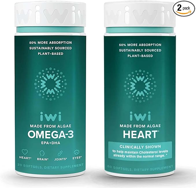 Iwi Omega-3 &amp Heart Omega-3 Bundle 30 Servings Vegan Plant-Based Algae Omega 3 Krill &amp Fish Oil Alternative No Fishy Aftertaste