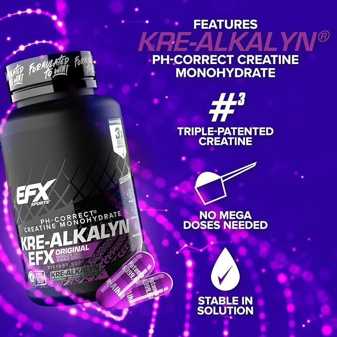 EFX Sports Kre-Alkalyn EFX | pH Correct Creatine Monohydrate Pill Supplement | Strength Muscle Growth &amp Performance | 60 Servings 120 Capsules