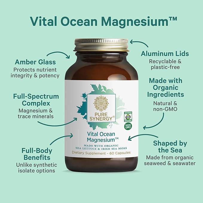 PURE SYNERGY Vital Ocean Magnesium | Organic Magnesium Supplement Capsules | Vegan Seaweed-Based Complex with Spirulina Chlorella &amp Wakame | for Energy Sleep &amp Stress (60 Capsules)