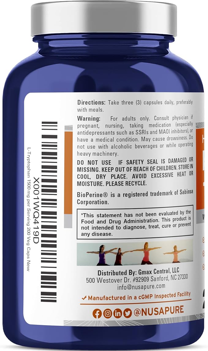 NusaPure L-Tryptophan Capsules 1500 mg 200 Veggie Capsules (Non-GMO Vegan)