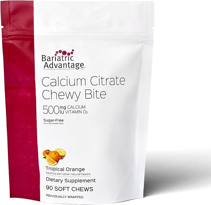 Bariatric Advantage Calcium Citrate Chewy Bites 500 mg - Highly Absorbable &amp Digestible - Vitamin D3 - Easily Chewable Calcium Supplement - Tropical Orange - 90 Count