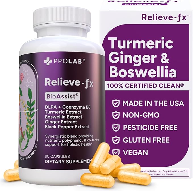 PPO Lab® Relieve-fx™ DLPA Boswellia Turmeric Ginger Supplement for Inflammation Health Heart Gut Cramps Joint Stress Relief Factors as Curcumin Boswellic Acid Black Pepper Extract 90 Capsules